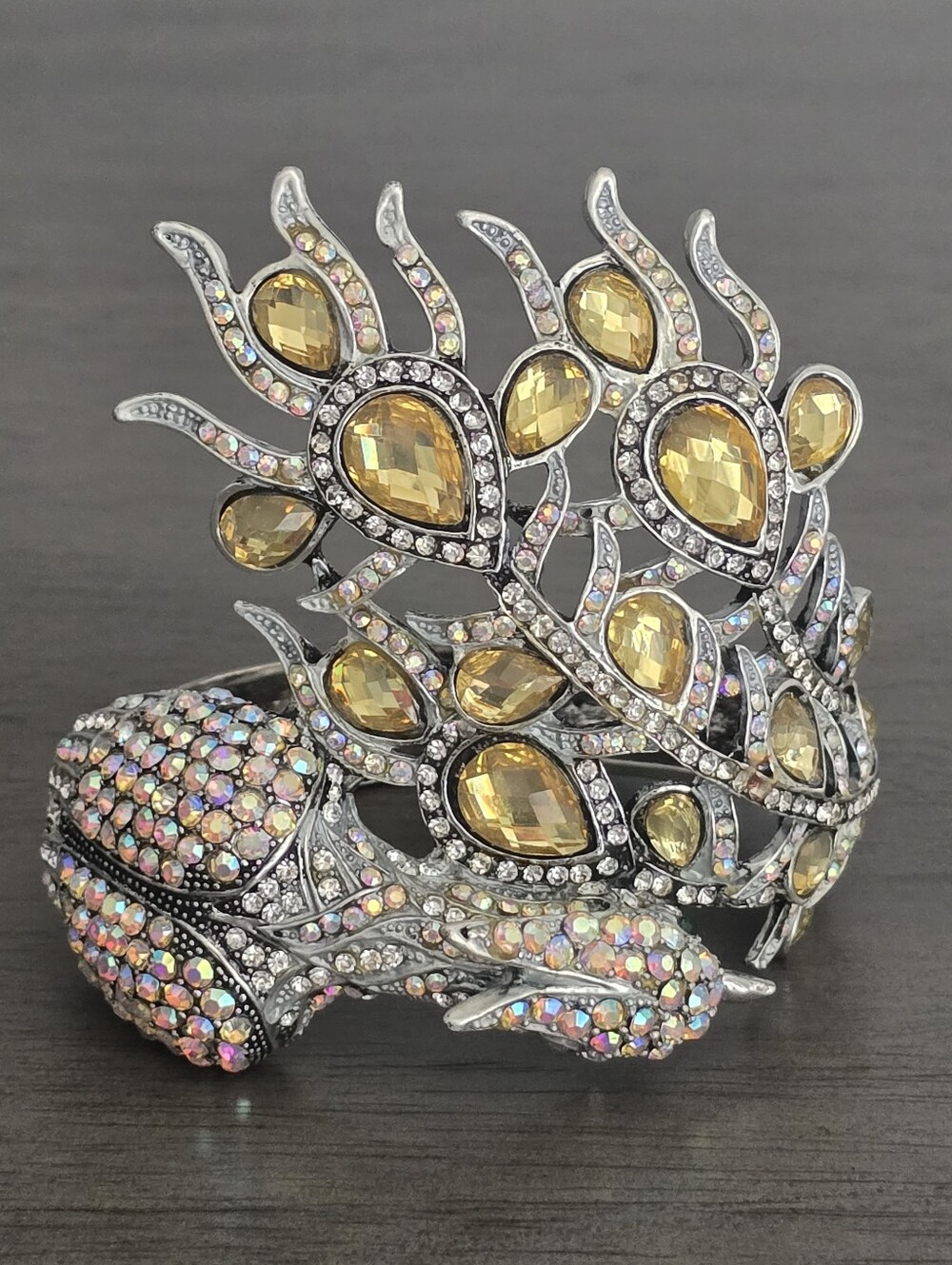 Vintage Silver-tone Facetted Crystal Peacock Hinge Cuff Bangle Bracelet